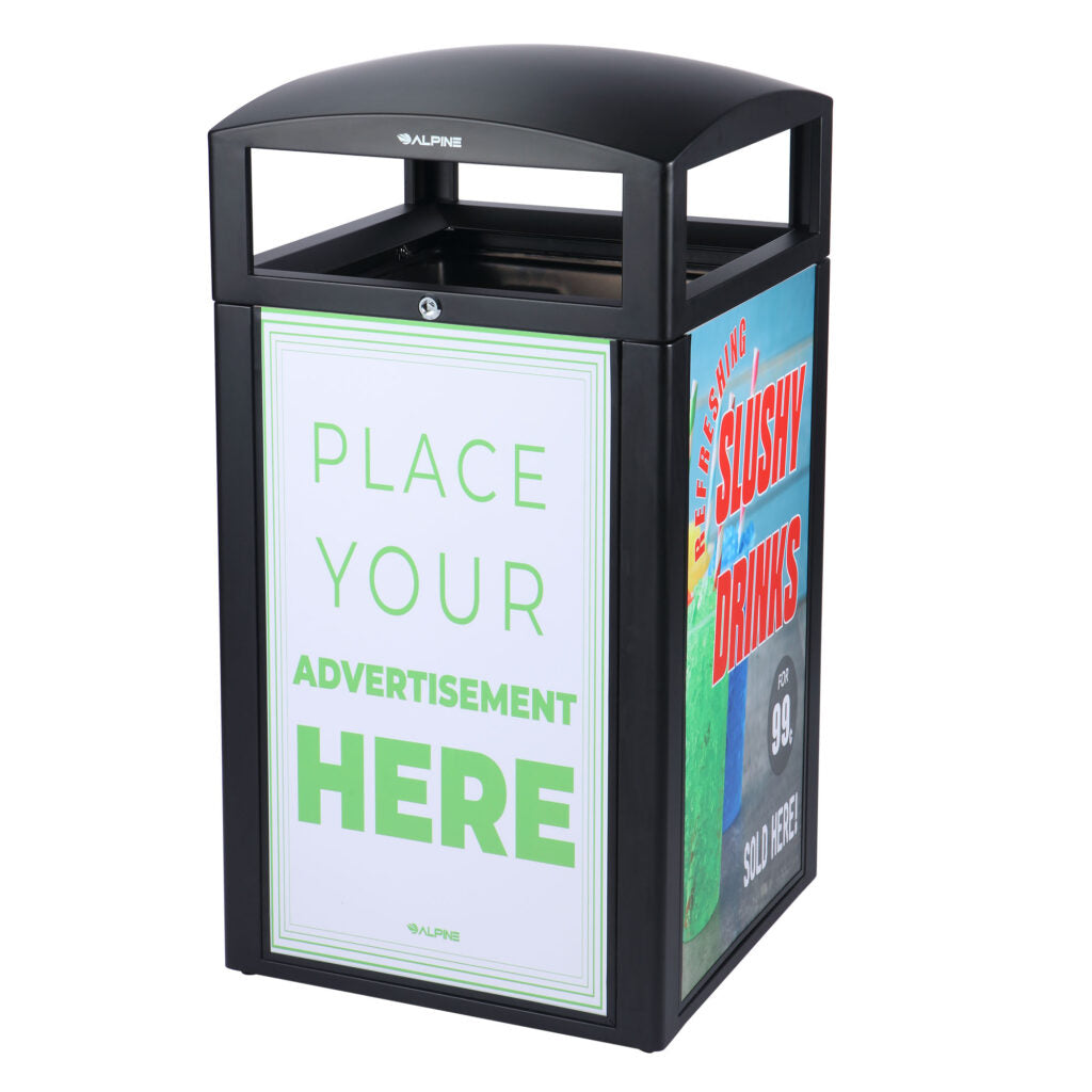 Rugged 40-gallon all-weather trash container in grey stone with advertising panels