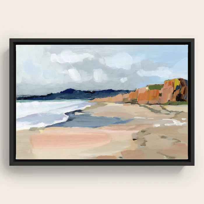 Half Moon Bay Canvas Print by Shina Choi Art in black frame, elegant modern coastal wall décor perfect for restaurant dining rooms, boutique hotels, and cocktail bars.