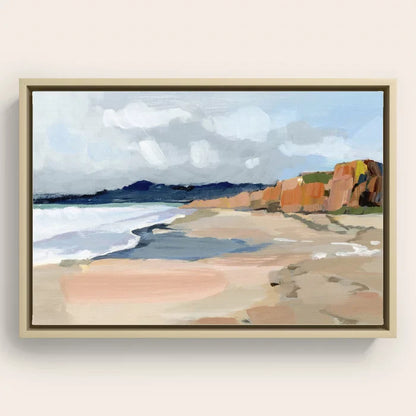 Half Moon Bay Canvas Print by Shina Choi Art in maple frame, warm natural wood coastal wall art ideal for hotel suites, coffee shops, and casual restaurant interiors.