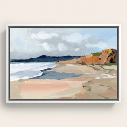 Half Moon Bay Canvas Print by Shina Choi Art in white frame, clean and airy coastal wall art designed for cafés, beachfront hotels, and light modern restaurants.