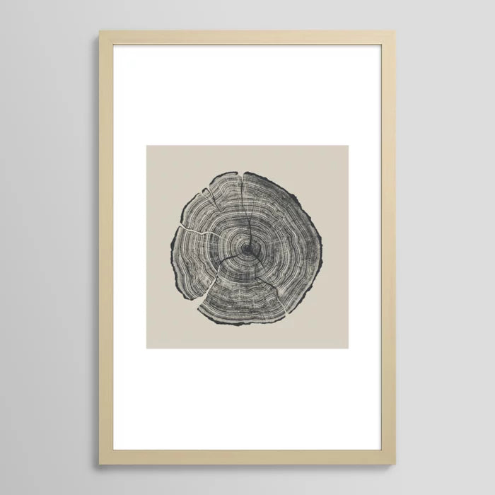 Hand-Drawn Oak art print by Dan Hobday in light birch frame highlighting natural wood tone and modern minimalist style.