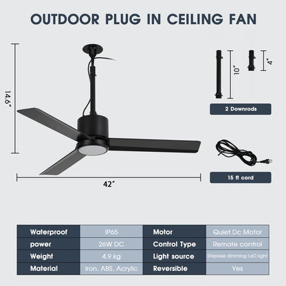Matte black outdoor ceiling fan with energy-efficient DC motor and reversible airflow