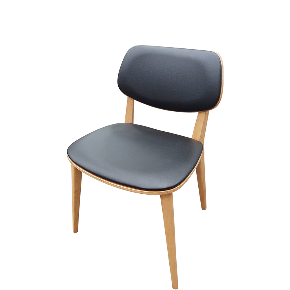 Harbor chair with solid European beech wood frame in natural clear coat finish and black vinyl seat and back. Features sturdy leg supports and non-marring glides. Ships fully assembled.