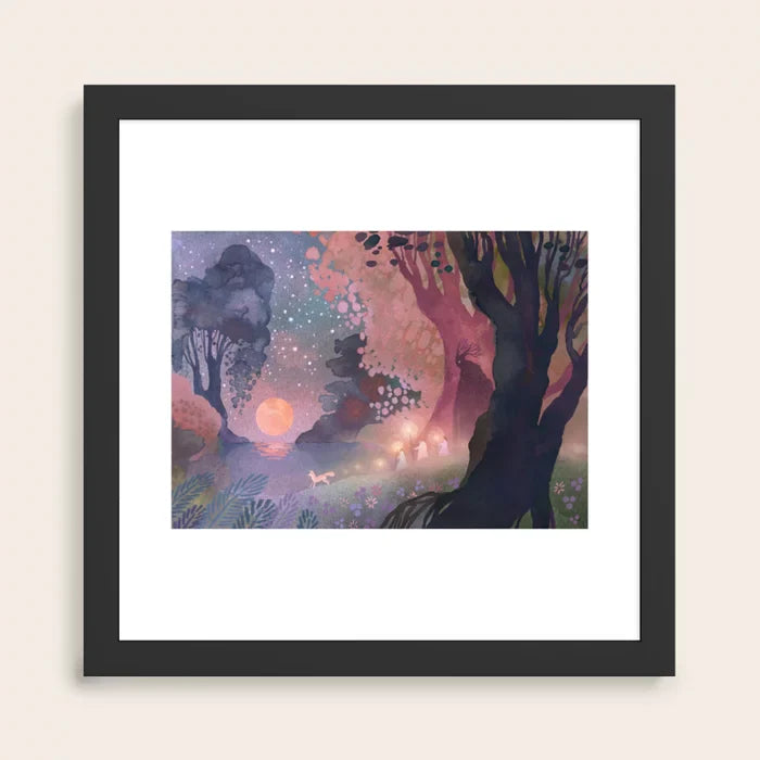 Harvest Moon Art Print by Ulla Thynell in black frame, modern wall art with autumn tones and moonlit forest theme, perfect for restaurant dining rooms, hotel lounges, and coffee bars.