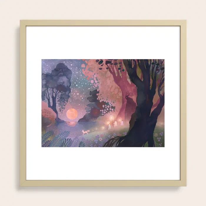 Harvest Moon Art Print by Ulla Thynell in maple frame, warm natural wood wall décor designed for coffee shops, boutique hotels, and rustic restaurant interiors.