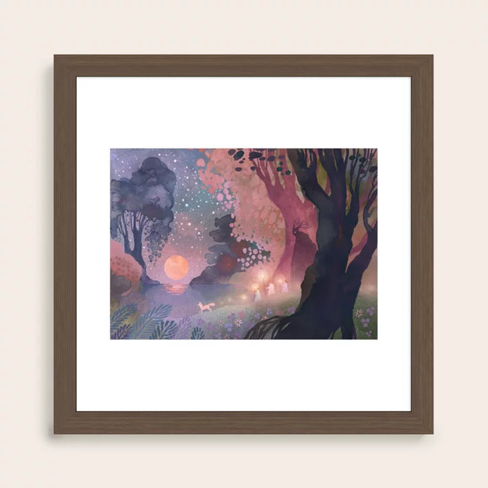 Harvest Moon Art Print by Ulla Thynell in walnut frame, elegant warm wood wall art featuring a serene moonlit forest scene for restaurants, hotel rooms, and café spaces.
