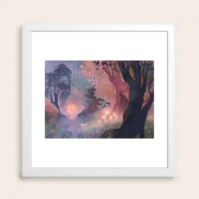 Harvest Moon Art Print by Ulla Thynell in white frame, soft botanical wall art for hotels, cafés, and contemporary restaurants seeking light, nature-inspired décor.