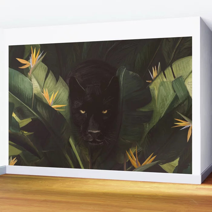 Hello Panther! Wall Mural by Florent Bodart installed in a modern restaurant or boutique hotel – 8x12 foot contemporary animal wall art for hospitality spaces