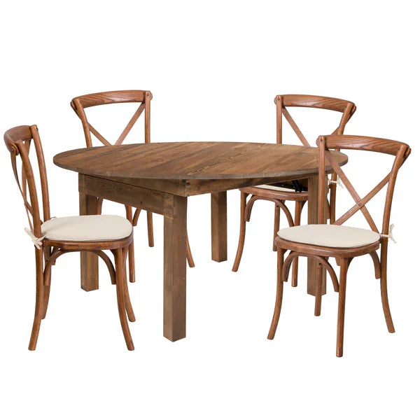 60-inch round solid pine farm table set with cross back chairs and cushions for restaurants and hotels