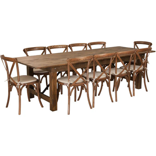 9-foot folding farm table set with cross-back chairs and cushions for restaurants and hotels
