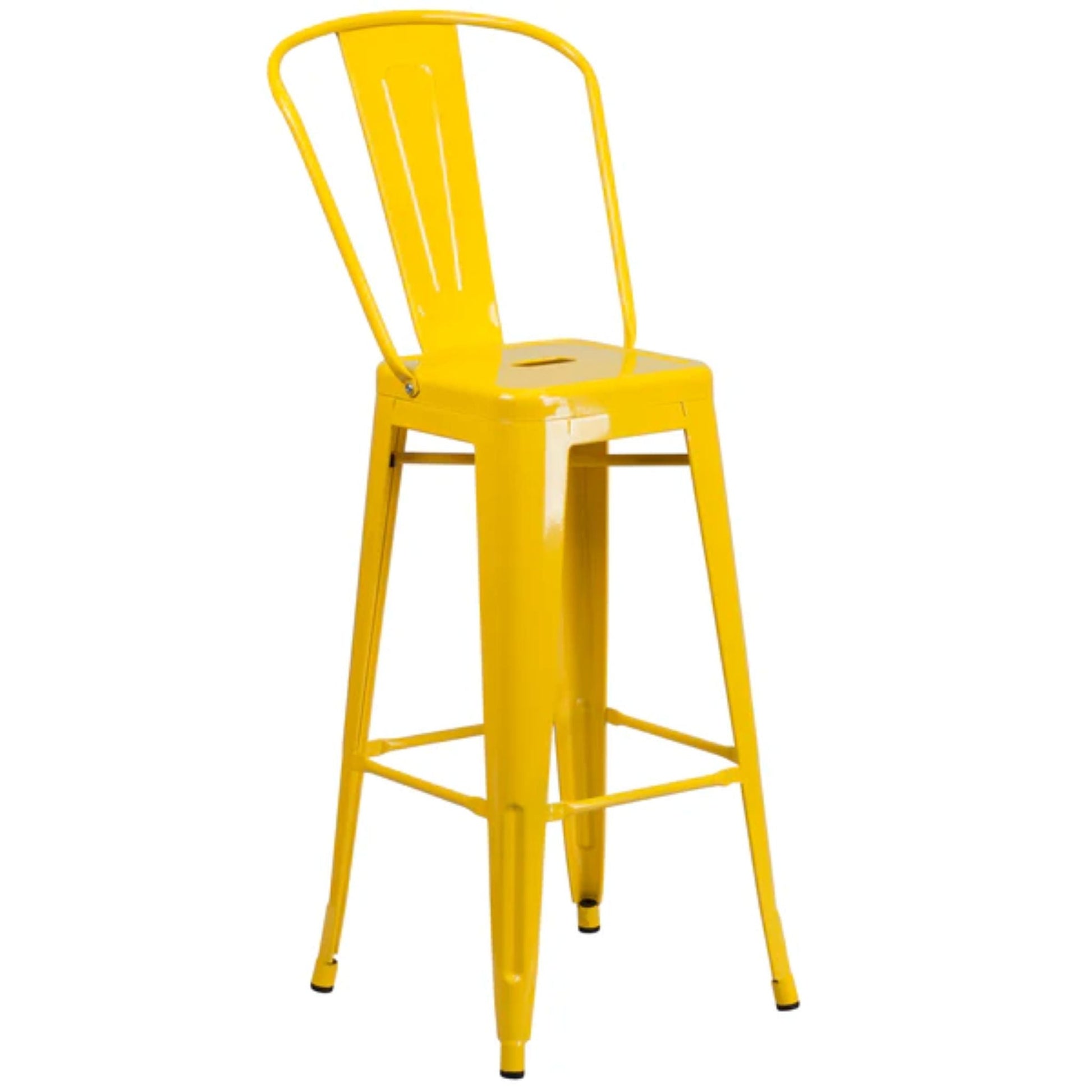 0-inch yellow metal indoor-outdoor barstool with slat back and removable backrest
