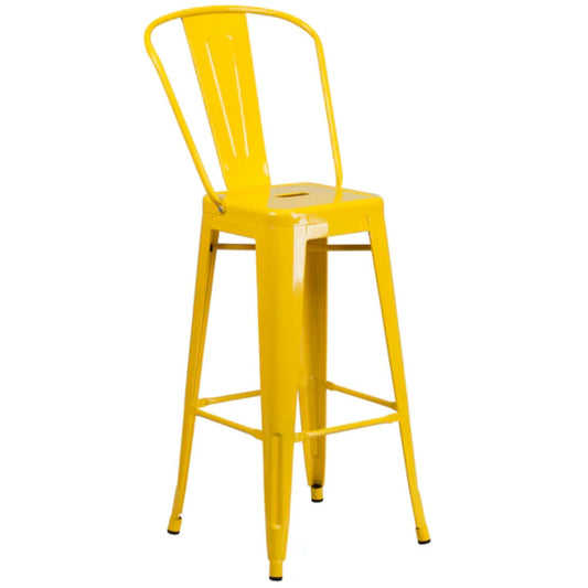 0-inch yellow metal indoor-outdoor barstool with slat back and removable backrest