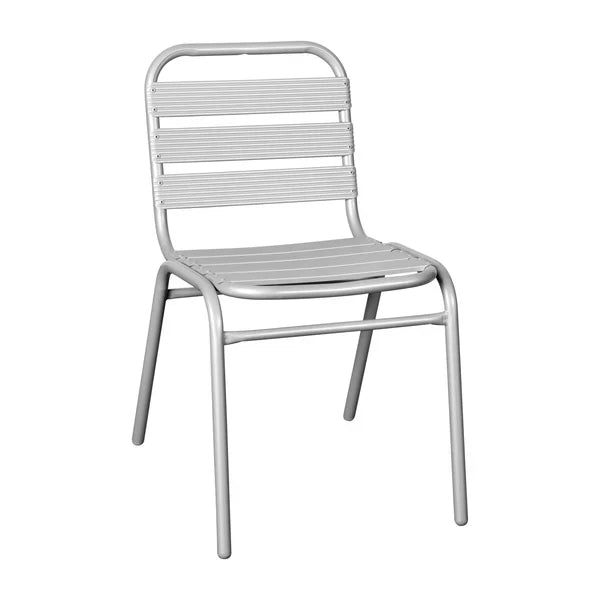 Indoor outdoor aluminum restaurant chair with silver frame and triple slat back, ideal for patios, bistros, and dining areas.