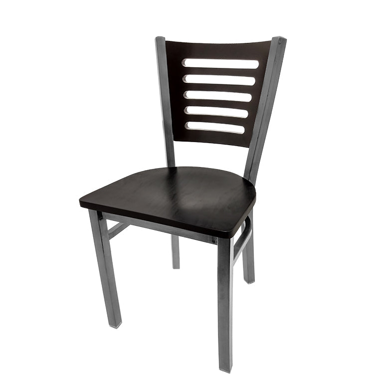 Black wooden chair with slatted back on a white background