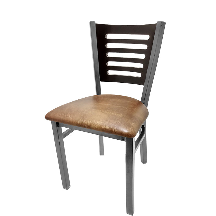 Chair with wooden seat and metal frame on a white background