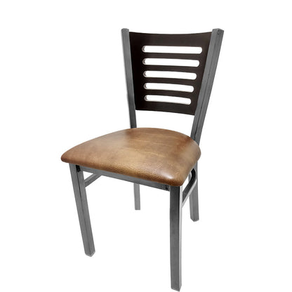 Chair with wooden seat and metal frame on a white background