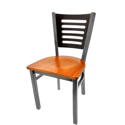 Chair with wooden seat and metal frame on a white background