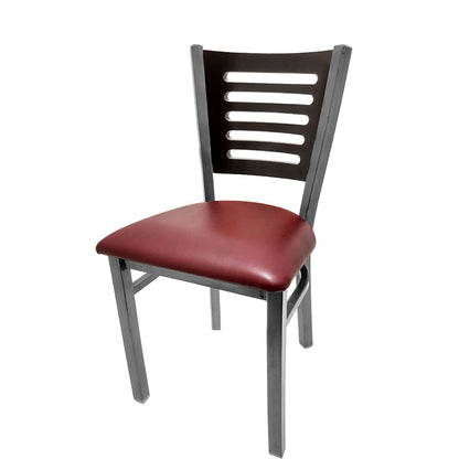 Chair with red cushioned seat and slatted backrest on a white background