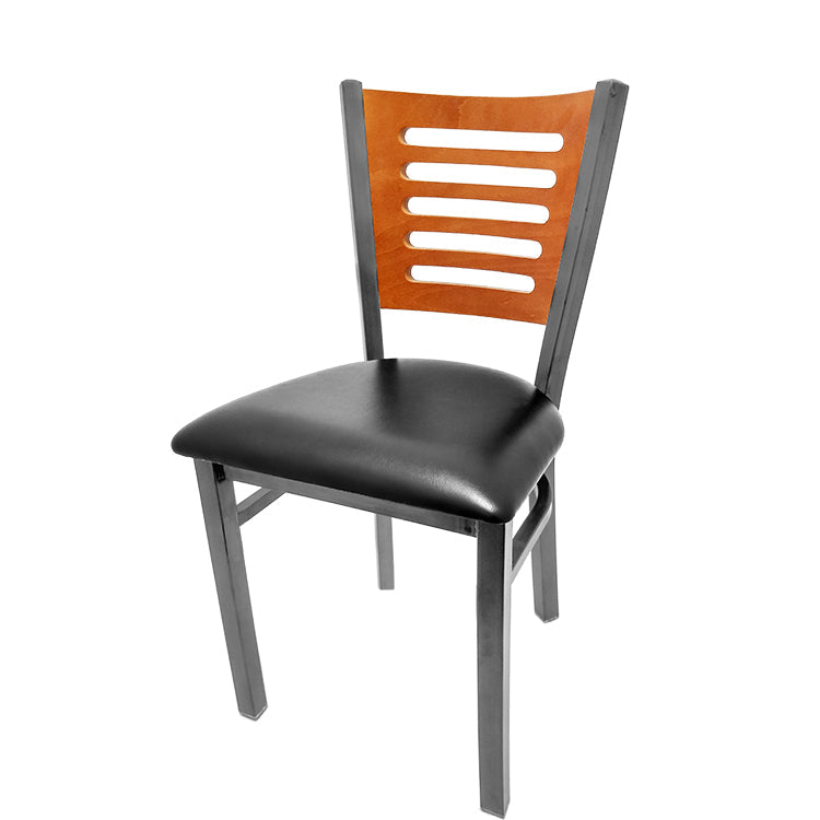 Chair with wooden backrest and black seat on a white background