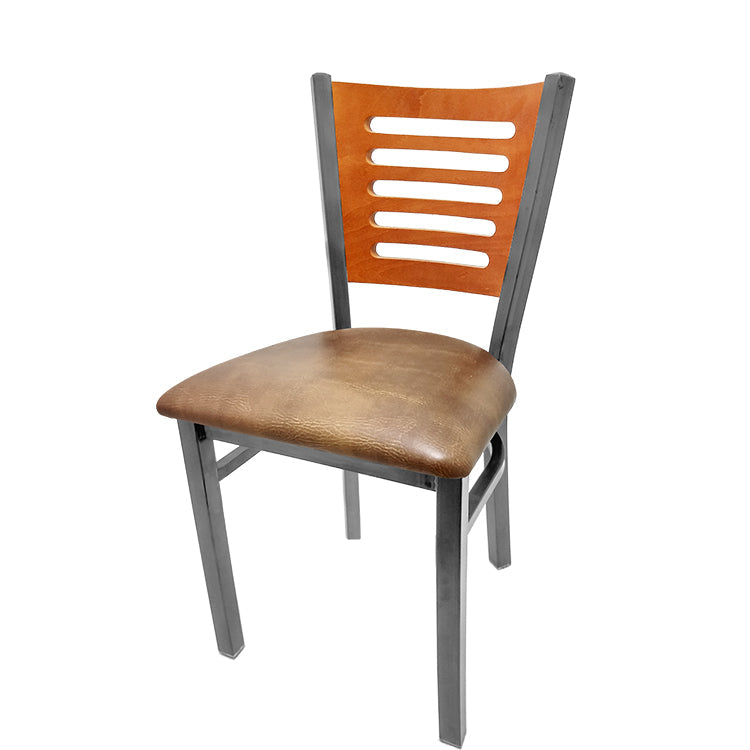 Chair with wooden backrest and seat on a white background