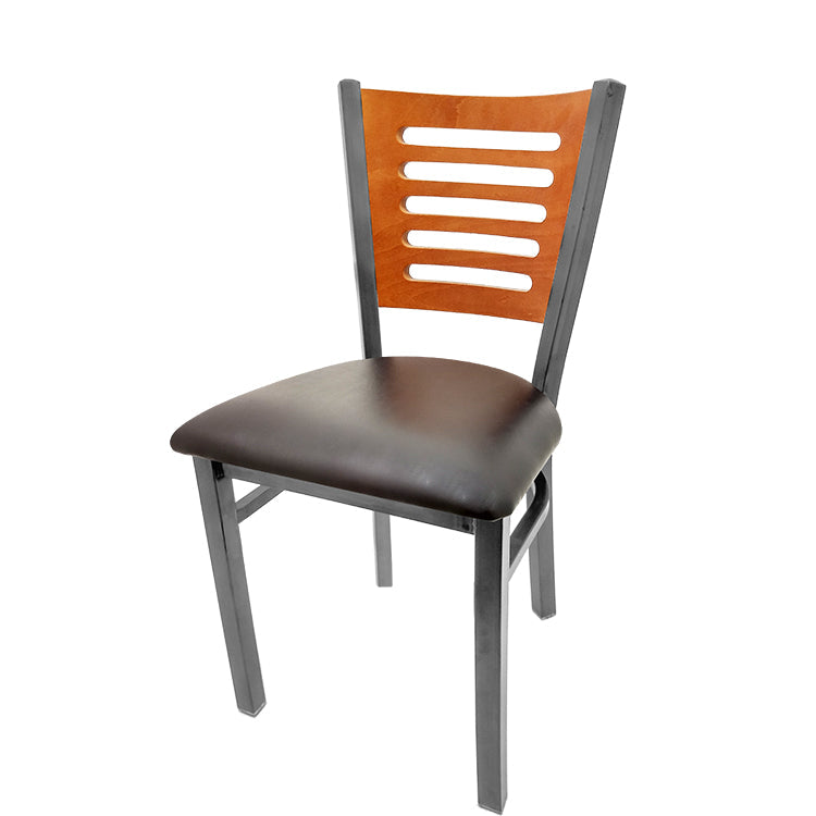 Chair with wooden backrest and brown seat on a white background