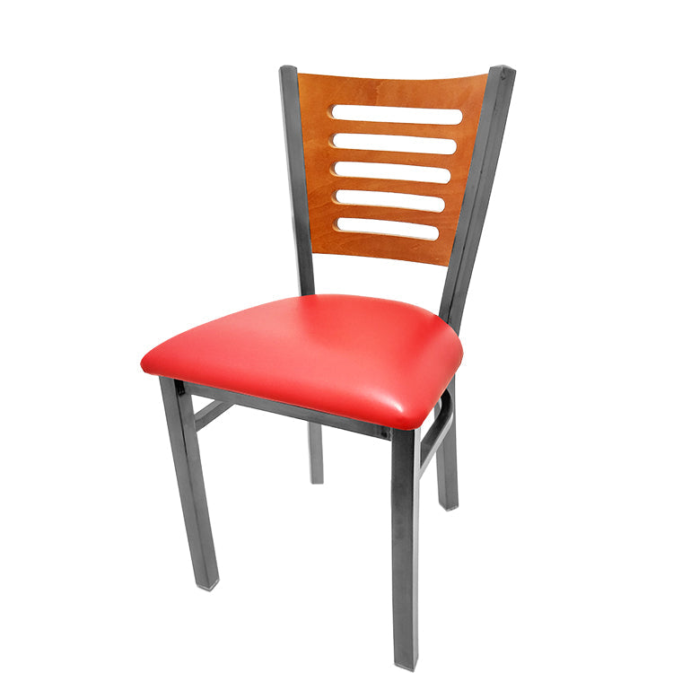 Chair with red seat and wooden back on a white background