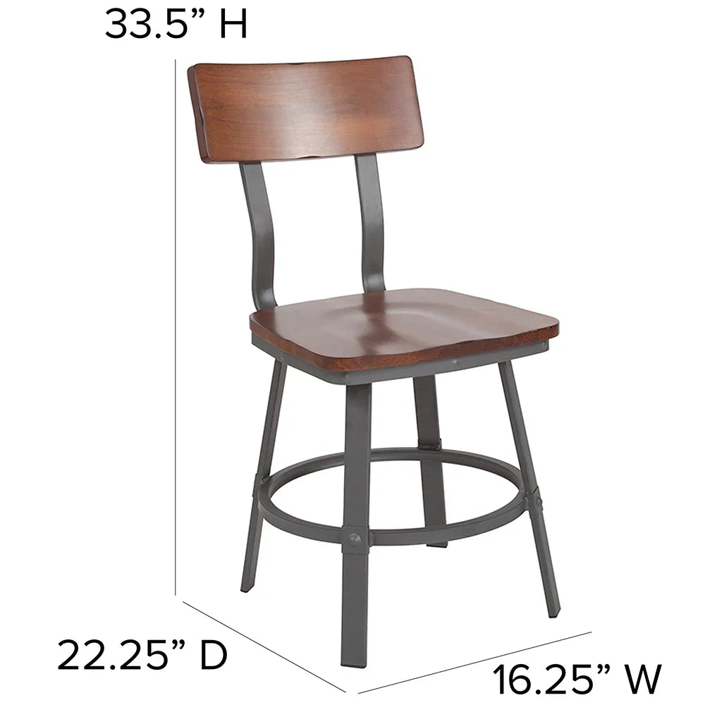 Industrial Metal Dining Chair – Gray Steel Frame with Walnut Beechwood Seat