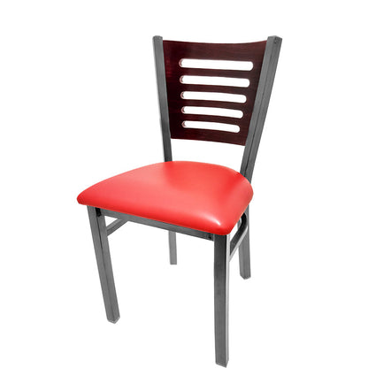 Chair with red seat and wooden back on a white background