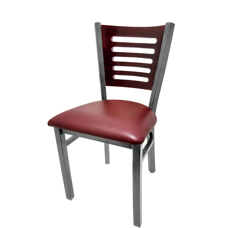 Chair with red cushioned seat and wooden backrest on a white background