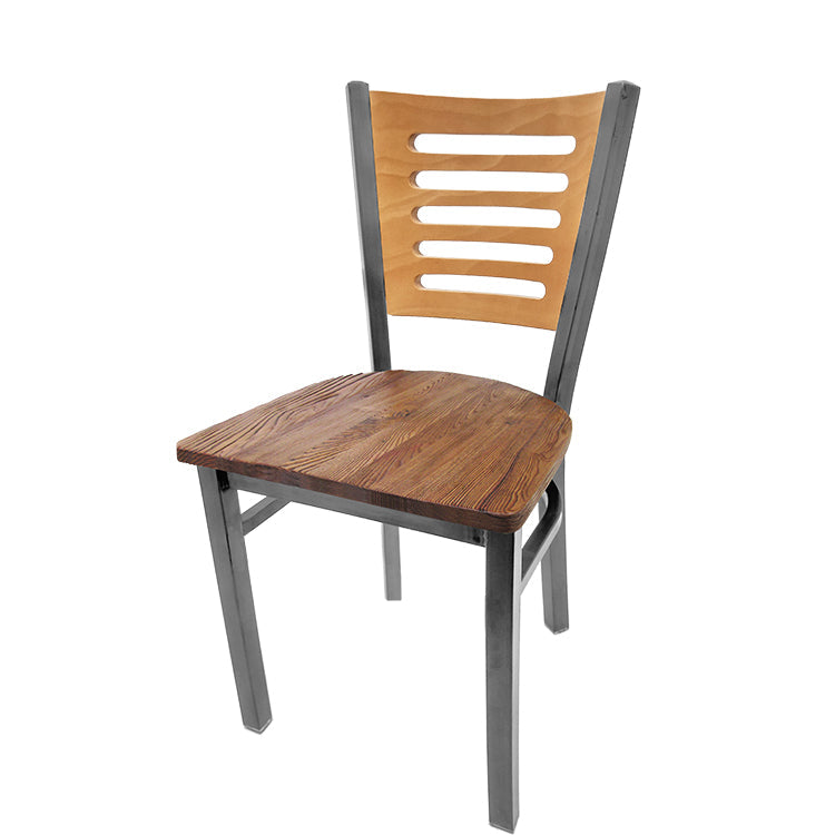 Industrial Metal Dining Chair with 5-Line Wood Back and Clear Coat Steel Frame