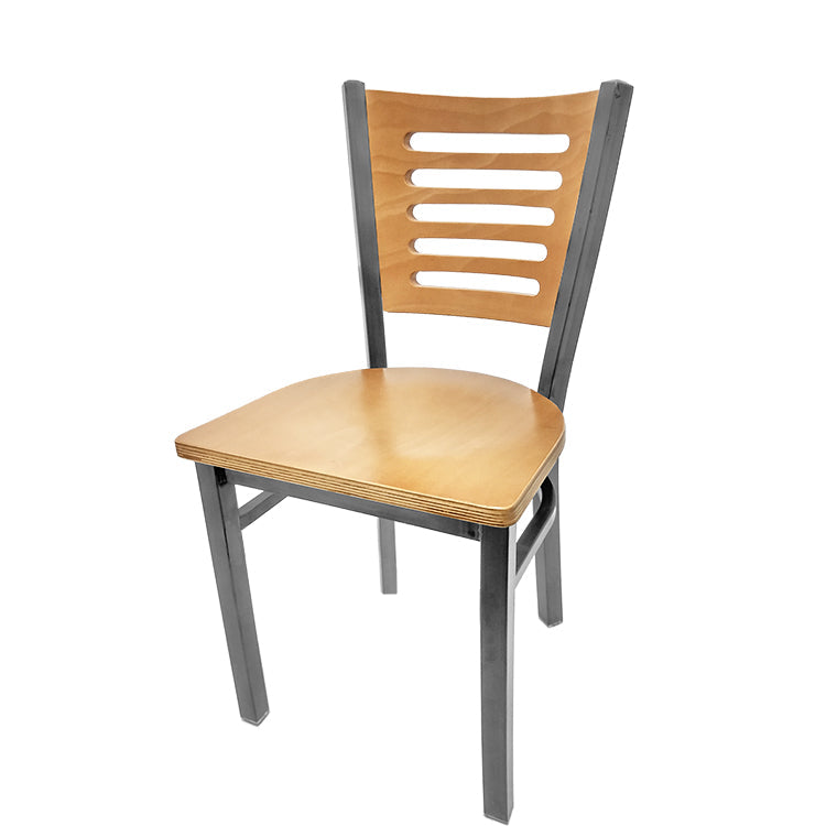 Industrial Metal Dining Chair with 5-Line Wood Back and Clear Coat Steel Frame