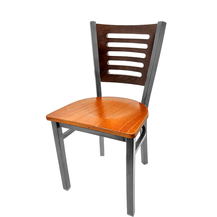Industrial Metal Dining Chair with 5-Line Wood Back and Clear Coat Steel Frame