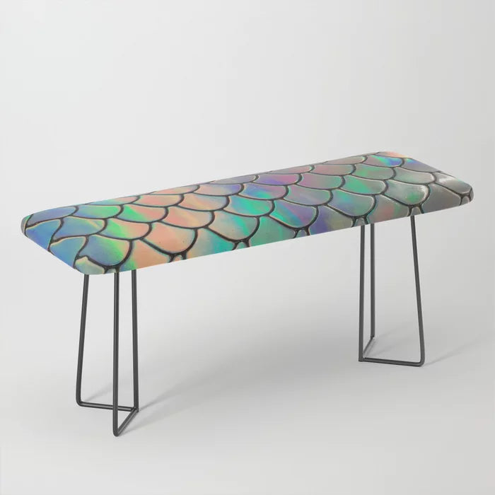 Iridescent Scales Bench by Cafelab with black steel legs – luxurious iridescent-inspired vegan leather bench ideal for boutique hotels, elegant restaurants, and modern café interiors
