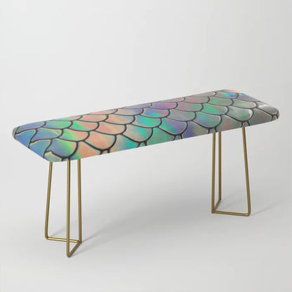 Iridescent Scales Bench by Cafelab with gold steel legs – shimmering artistic upholstered bench perfect for hotel lobbies, upscale bars, and contemporary cafés