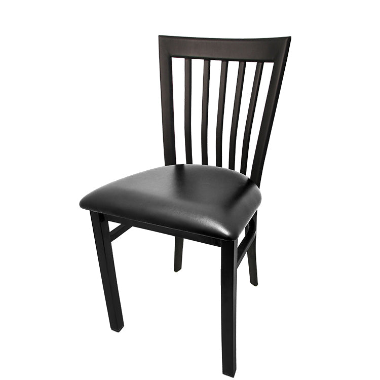 Black wooden chair with a cushioned seat on a white background
