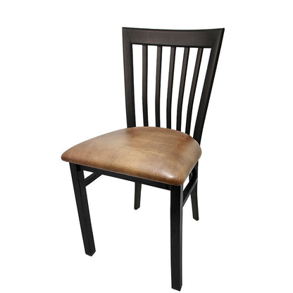 Chair with black frame and brown cushion on a white background