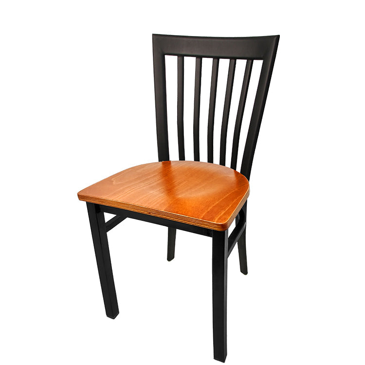 Chair with black frame and wooden seat on a white background