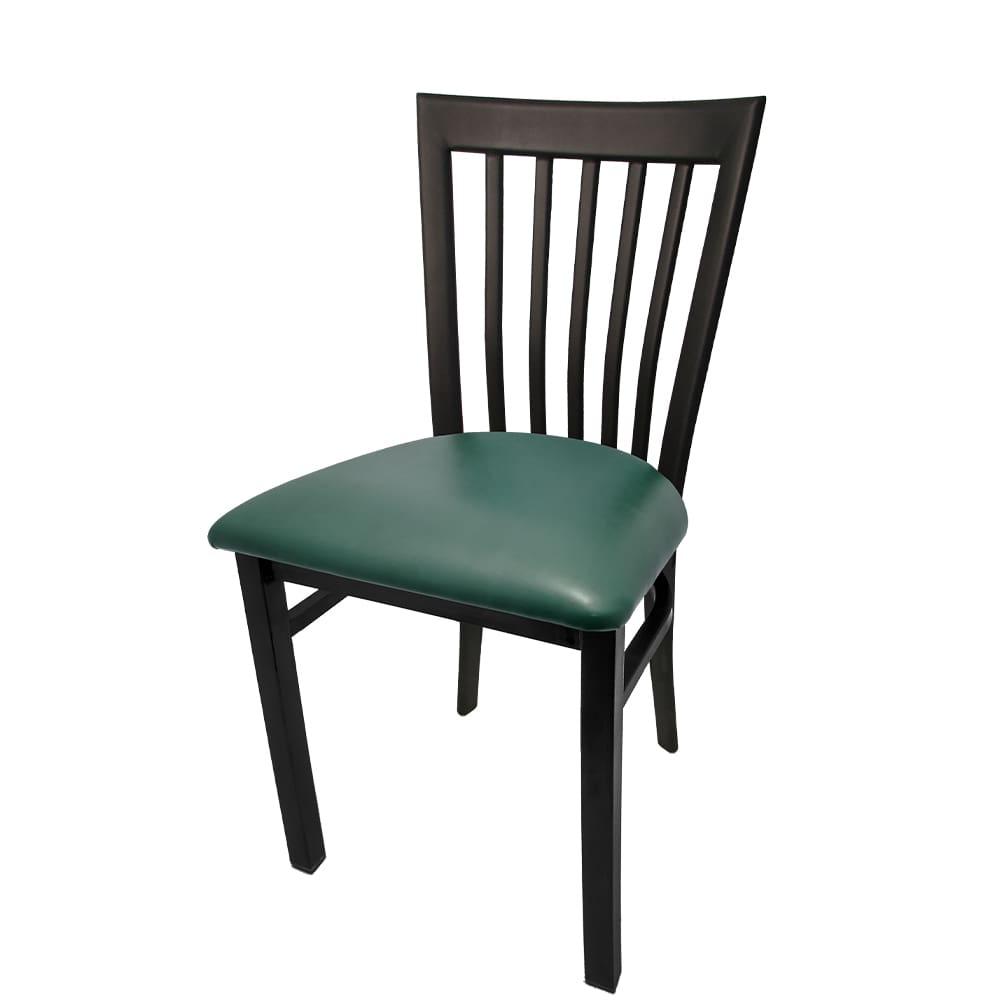 Chair with green cushioned seat and dark wooden frame on a white background