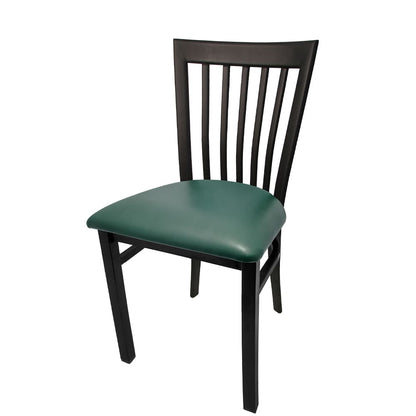 Chair with green cushioned seat and dark wooden frame on a white background