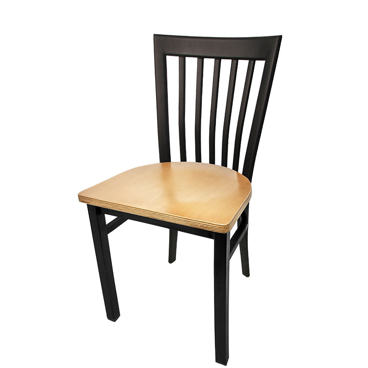 Chair with black frame and wooden seat on a white background