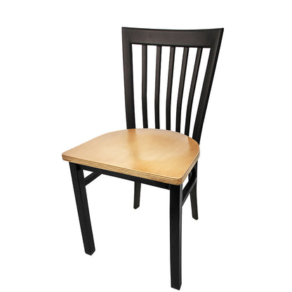 Chair with black frame and wooden seat on a white background