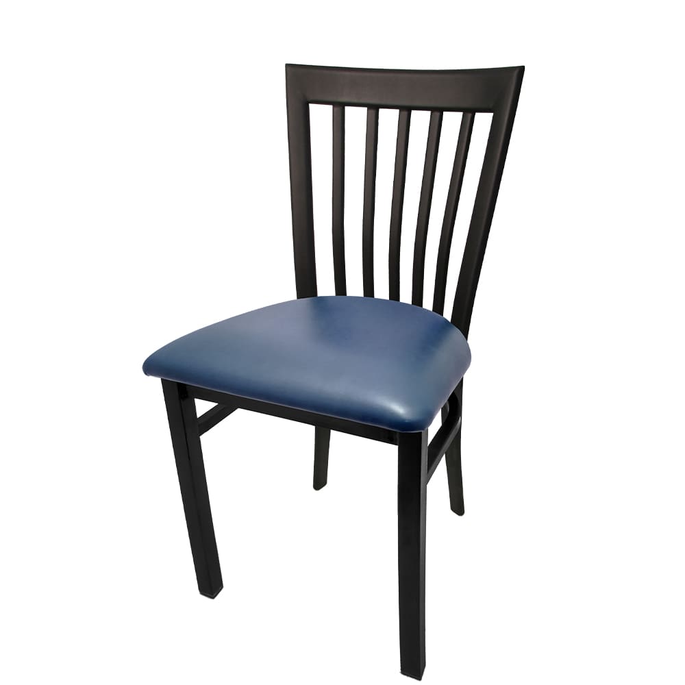 Chair with black frame and blue cushion on a white background