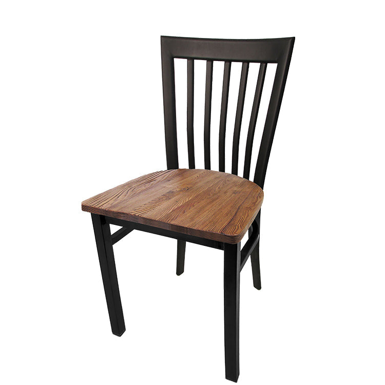 Chair with wooden seat and black frame on a white background