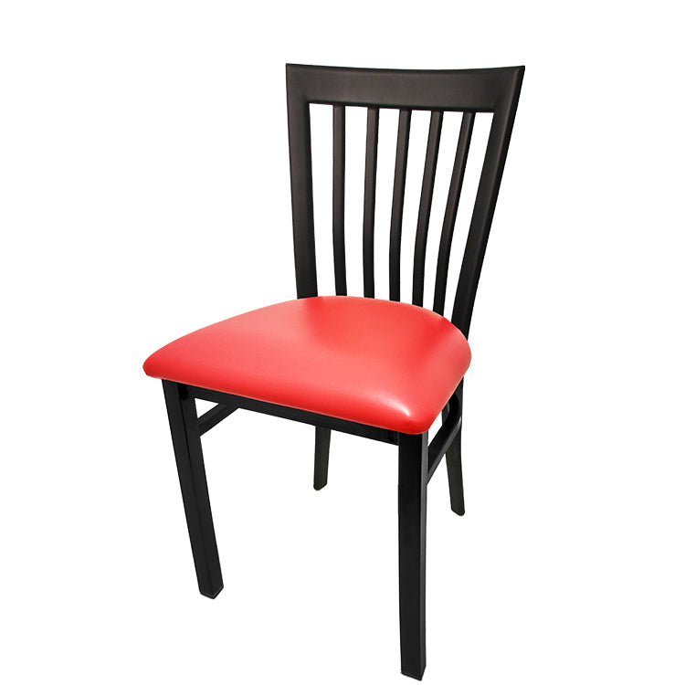 Black chair with a red seat on a white background