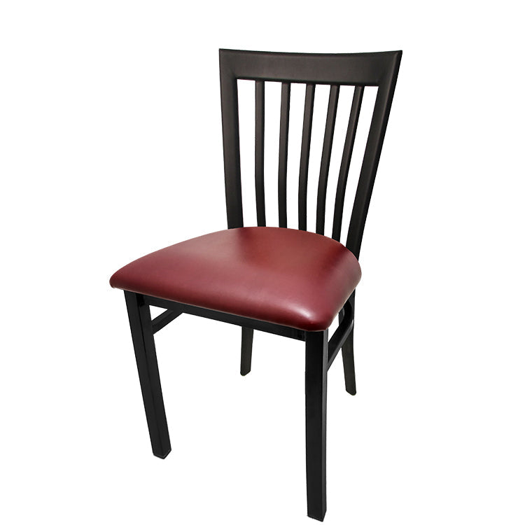 Chair with black frame and red cushion on a white background
