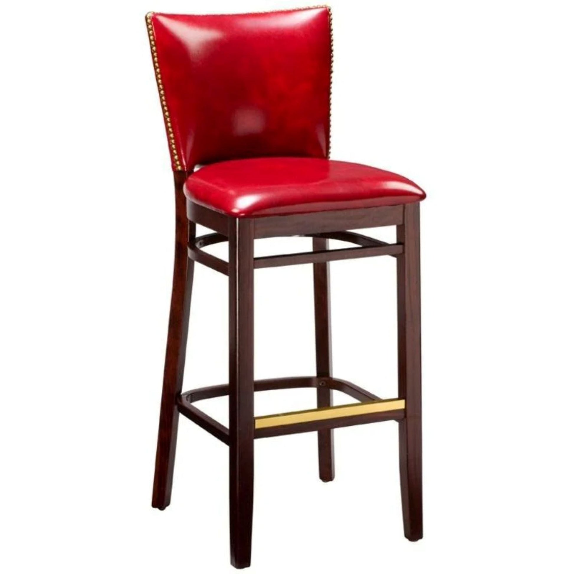 Jerome beech wood bar stool with customizable upholstery and stained wood frame, handcrafted for commercial dining and bar spaces, front view.