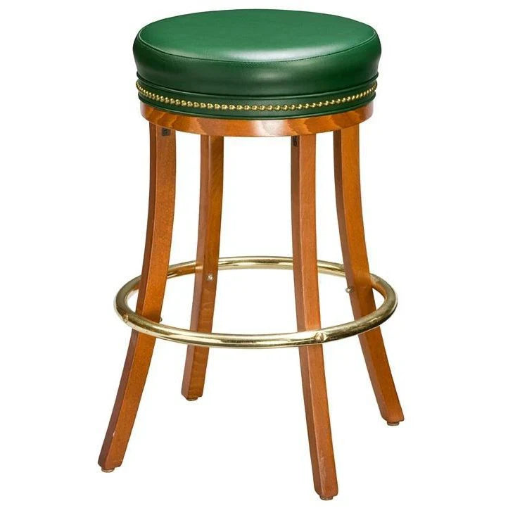 Backless beech wood bar stool in clear coat finish with smooth green leather seat, crafted with clean lines and a natural wood tone for a modern, versatile look
