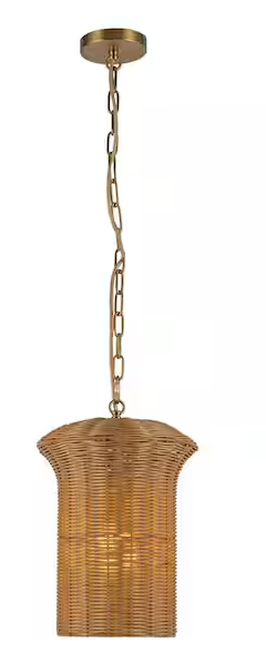 Kai 11-inch pendant light featuring a natural rattan shade and gold hanging chain, ideal for tropical or contemporary bar and restaurant interiors.