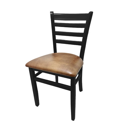 Ladderback dining chair with black stain wood frame and buckskin vinyl seat.