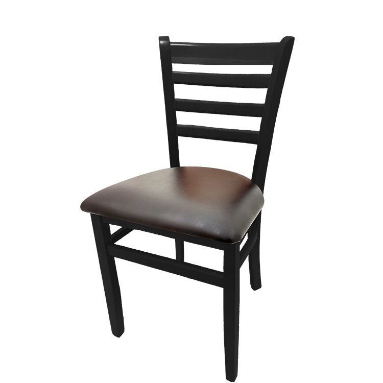 Ladderback dining chair with black stain wood frame and espresso vinyl seat.